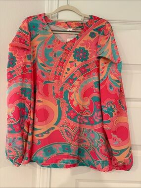 Vibrant Floral Paisley Long Sleeve Women's Top - Pink/Teal